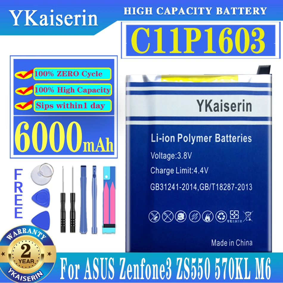 

YKaiserin 6000mAh C11P1603 Good Quality Battery For ASUS Zenfone 3 Zenfone3 ZS550 M630 Deluxe 5.7 Inch Z016D ZS570KL Free Tools