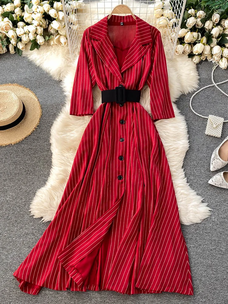 

Autumn Winter Women's Notched Collar Single Breasted Striped Long Dress Female 3/4 Sleeve Beige/Green/Red Vestidos With Sashes