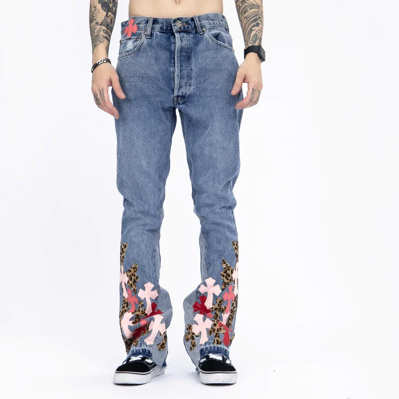 Мужские джинсы-клеш Harajuku с перекрестной вышивкой джинсы низкой посадкой