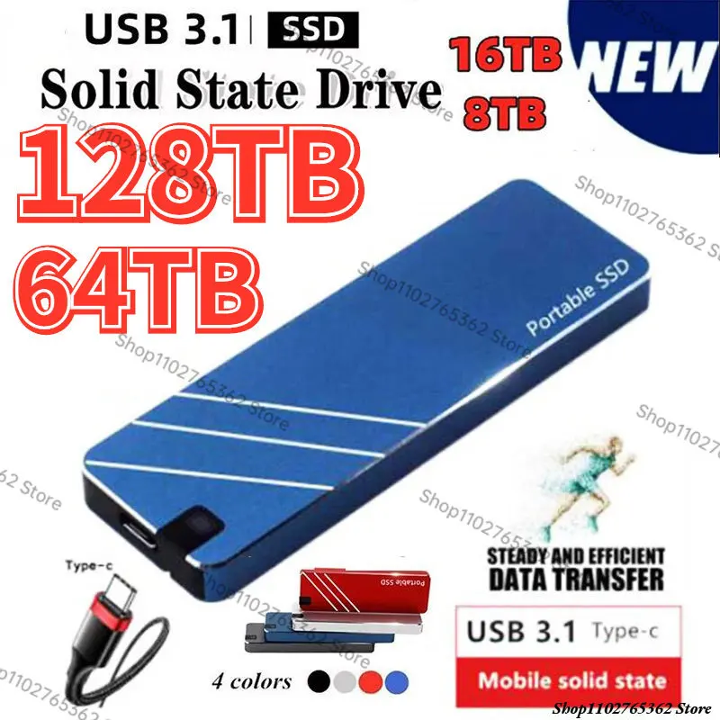 Original 128TB Portable SSD High Speed 2TB 4TB 8TB 16TB External Solid State Drive USB3.1 Type-C Hard Disk for Laptop Disque dur