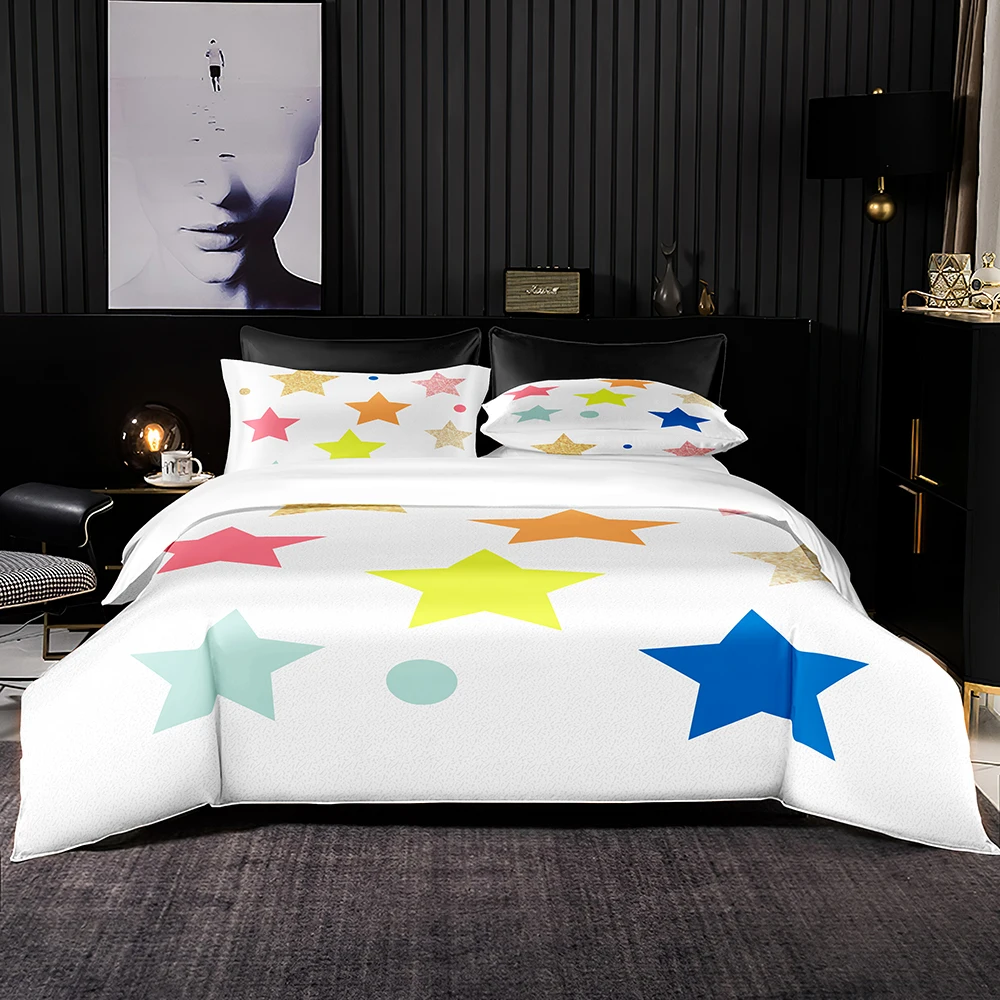 

Colorful Stars Bedding Set Blue Yellow Orange Pink Brown Duvet Cover Set Kids Girls Bedclothes 2-3pcs Modern White Home Textile