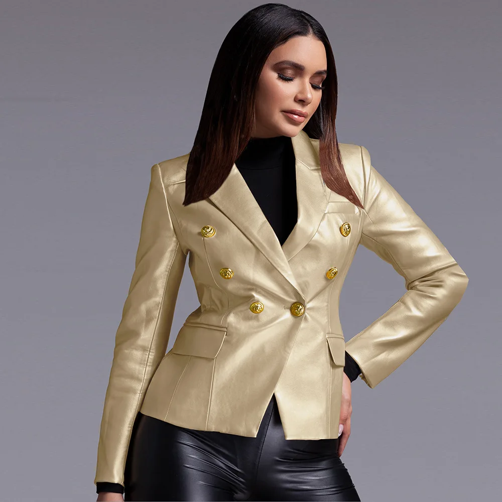 KoHuiJoo Leather Coat Woman Autumn New Jackets for Women 2022 Long Sleeve Double Breasted Formal Vintage Slim Motorcycle Jacket