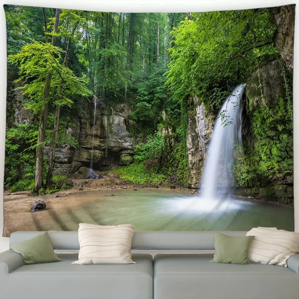 Лесной пейзаж гобелен водопад тропические растения весенние деревья природный