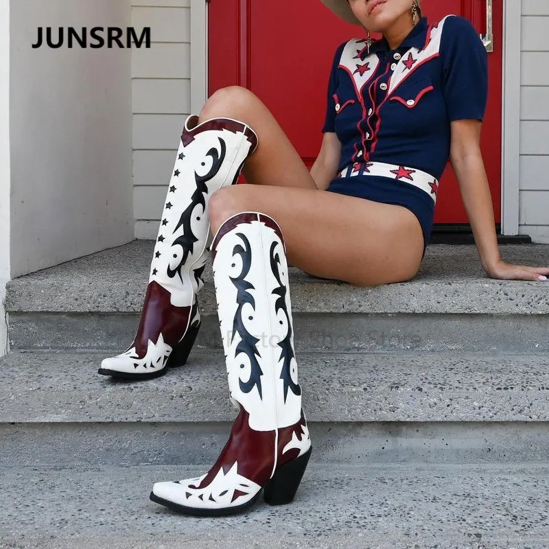 

2022 Chrysanthemum Printing Western Cowgirl Boots Pointy Toe Chunky Heels Chelsea Boots Women Calf Knight Bootias zapatos Mujer