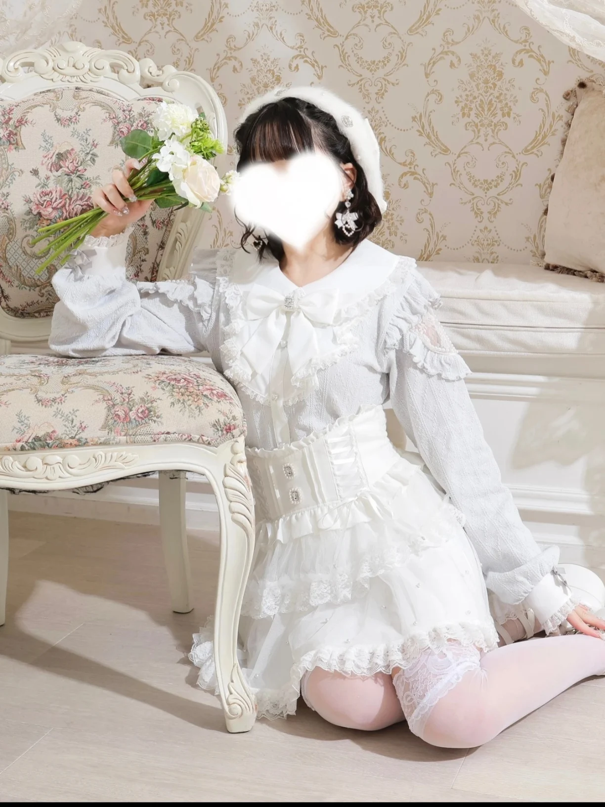 Милая двухслойная юбка-тортик в японском стиле с большим бантом и бисером