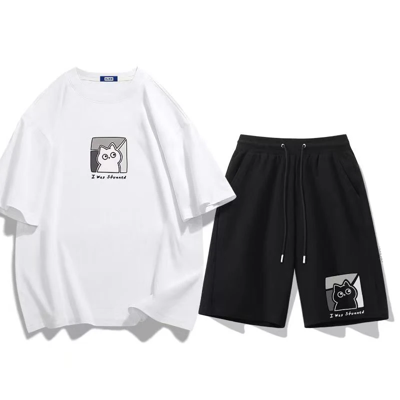 2023 Summer T Shirt and Shorts Sets Cat Print Men 2 Pieces Set Women Anime Tracksuit Cotton T-Shirts Oversized High Quality Tee