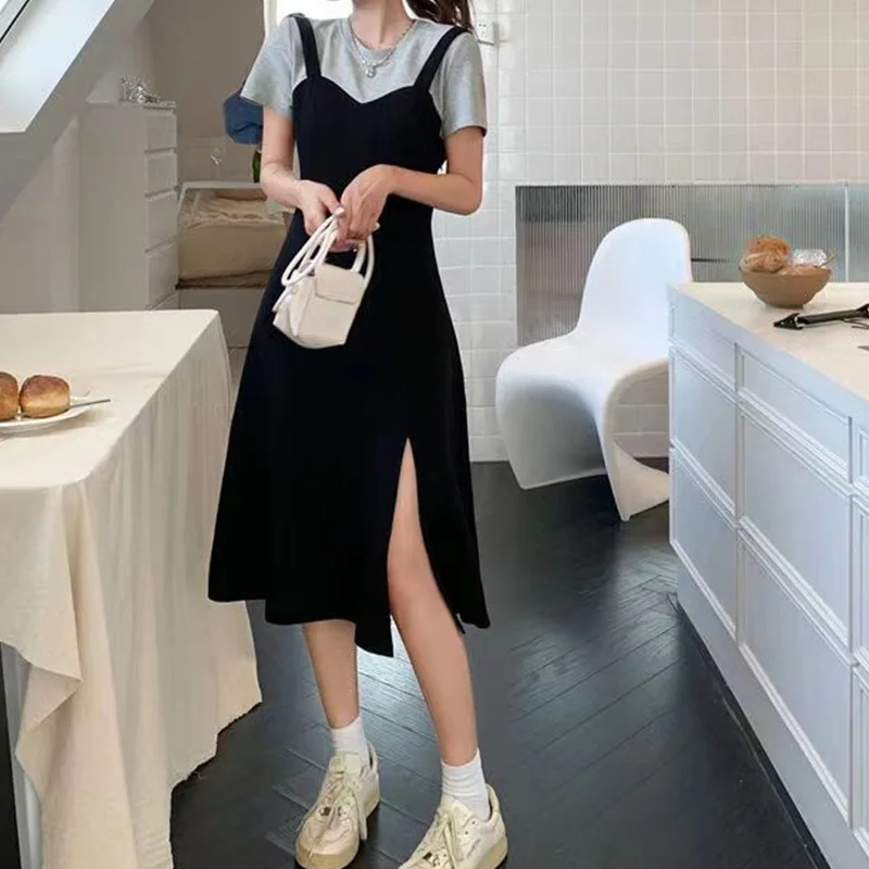 Fashion O-Neck Spliced Loose Fake Two Pieces Mini Dress Female Clothing 2023 Summer New Oversized Fake Two Pieces Casual Dresses