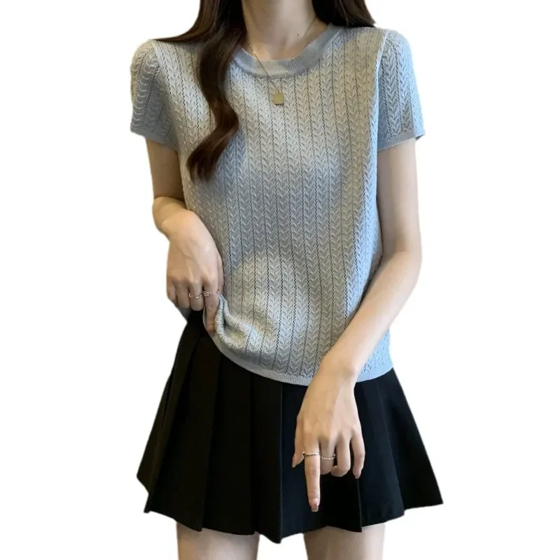 Новинка лета 2024 женская одежда трикотажный топ с коротким рукавом и круглым