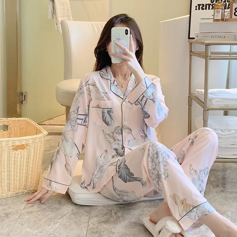 Spring New Style Pure Cotton Silk Pajamas, Women's Long-sleeved Trousers, Plus Two-piece Suit, Girls Cute  sleepwear women