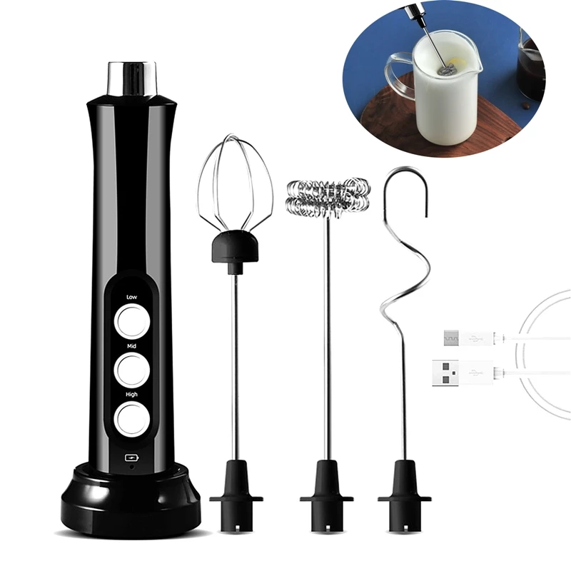 

USB Electric Milk Frother 3 Speeds Cappuccino Coffee Foamer 3 Whisk Handheld Egg Beater Hot Chocolate Latte Drink Mixer Blender