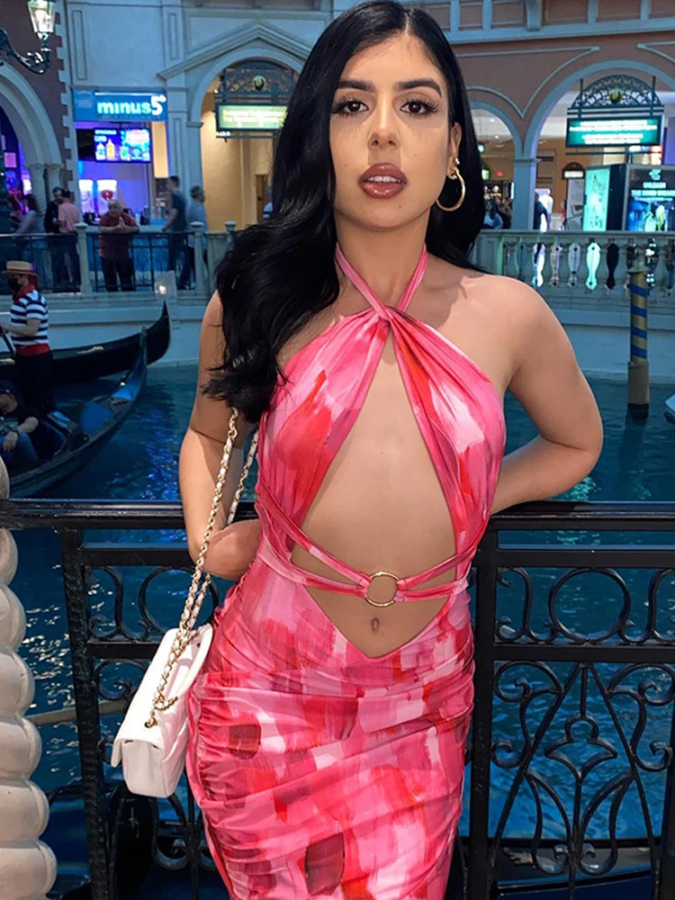 

Halter Printed Hollow Out Bodycon Maxi Dress Women Elegant Sleeveless Party Evening Backless Sexy Tight Long Dresses 2022 Summer