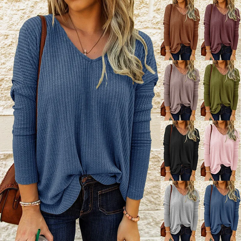 

2023 autumn and winter new solid color women's V-neck fashion popular knitted top elegant T-shirt women's long-sleeved shirt