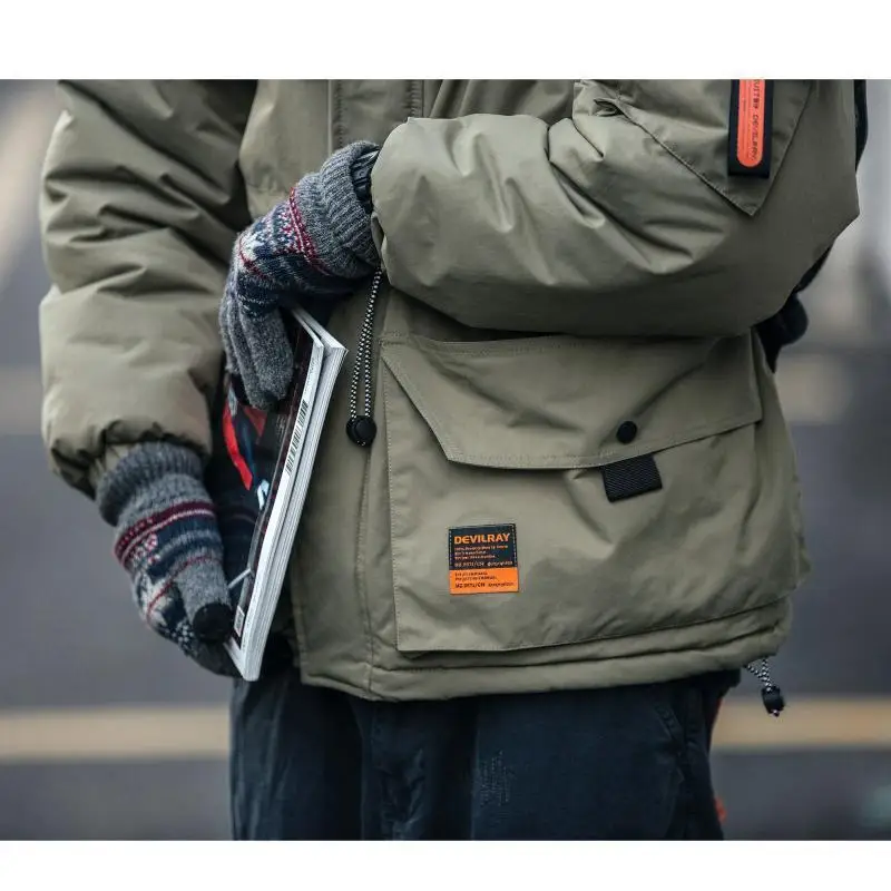 Japanese Winter Retro Thickened Jacket Hooded Tooling Cargo Parkas Functional Ribbon Casual Cotton Padded Jacket Men's Clothes