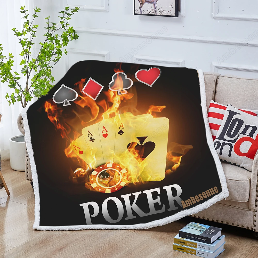 

Vintage Playing Cards on A Dark Background Sherpa Throw Blanket 3D Flame Scenery Bedspread Plush Blanket 150x200cm