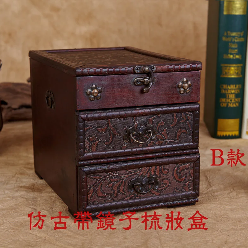 Luxury Retro Vanity Box Desktop Storage Box Jewelry Drawer Wood Creative Jewelry Storage Box Case Double Layer with Mirror Gift