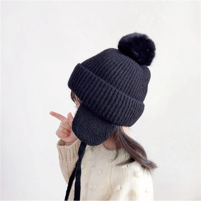 2-8 Years Winter Children's Knitted Hat Fashion Boy And Girl Baby Warm Ear Cap Cute Wool Ball Knitted Woolen Hat