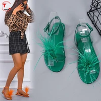 brand new blue feather sandals ladies flip flop leather heels sandals ladies summer leather shoes high heels party wedding shoes