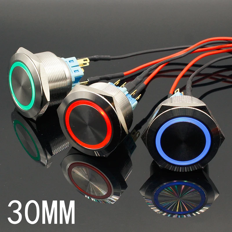 

30mm 6V 12V 24V 220V Blue Ring Led Light Momentary/Locking Push Button Switch DPST Metal Industrial Boat Car DIY Switch