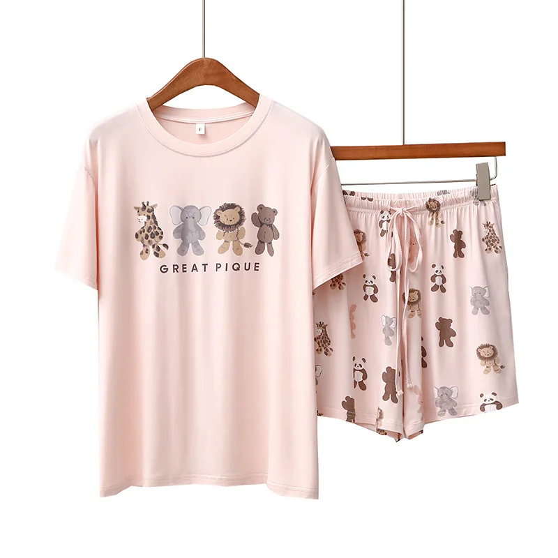 Pajamas for Women's Summer Thin Cartoon Animal Short-sleeved Shorts Casual and Comfortable Round Neck Loose Home Service Suit