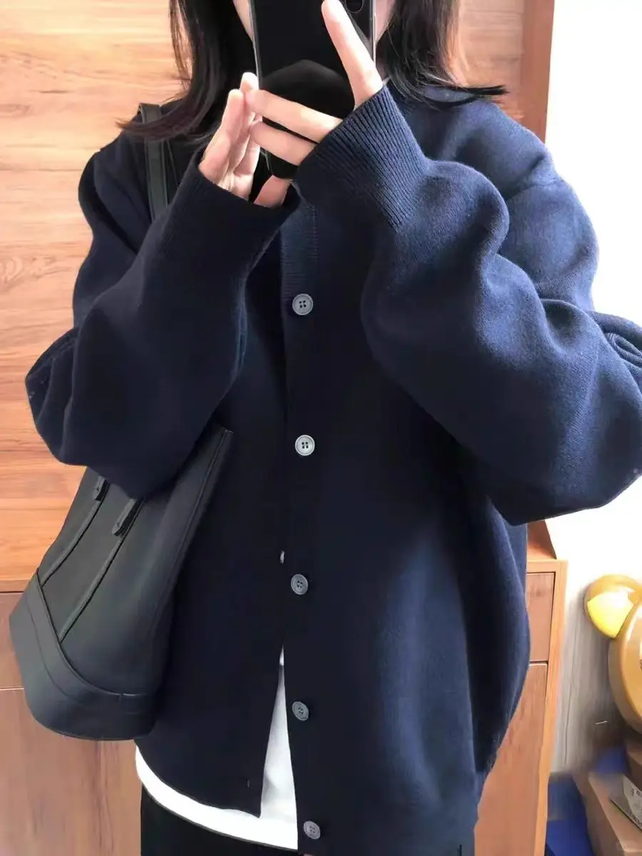 Темно-синий вязаный кардиган женский весенне-осенний свободный шикарный