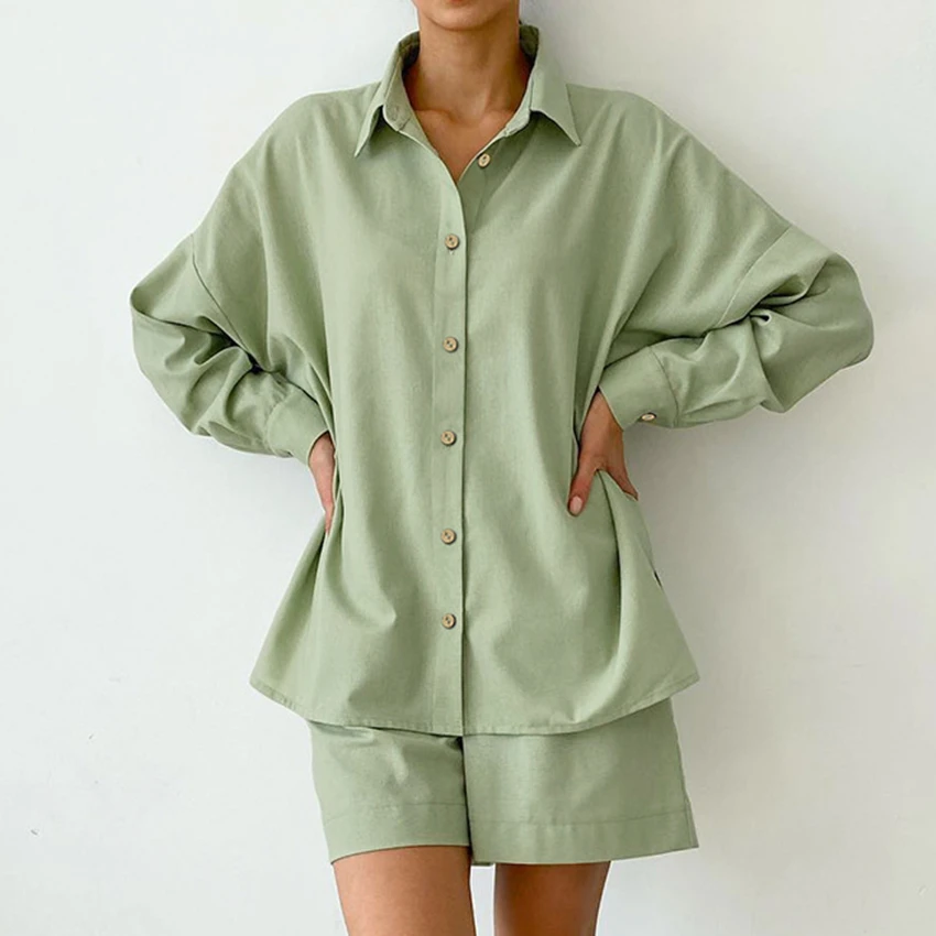 

Женский хлопковый комплект с шортами, Повседневная Свободная рубашка с длинным рукавом, на пуговицах
