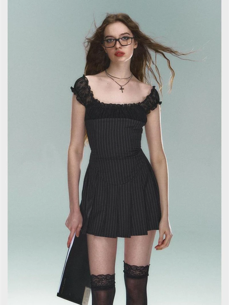 QWEEK Y2k кокетка в полоску кружево Плиссированное мини-платье женские 2024 модные