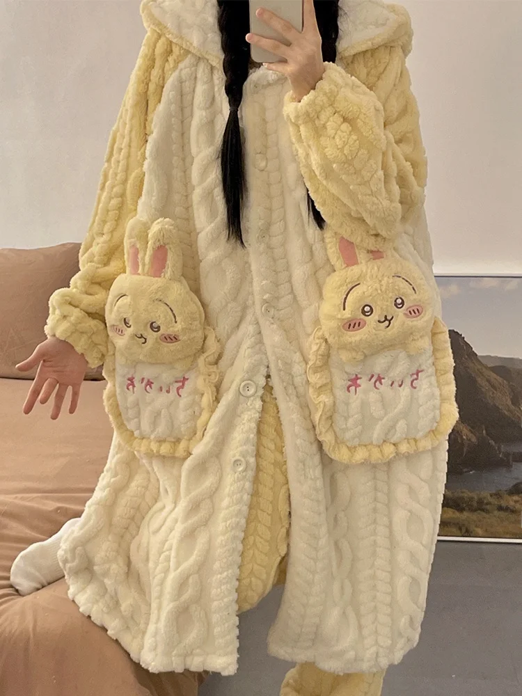 Usaage Nightgown Autumn and Winter 2024 New Coral Fleece Pajamas Women Thickened plus Velvet Bathrobe Home Wear Set