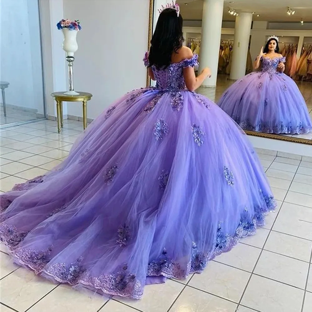 

2022 Purple Quinceanera Dresses Off The Shoulder Ball Gown Dress 3D Floral Sweet 16 Vestidos De Fiesta Custom Made