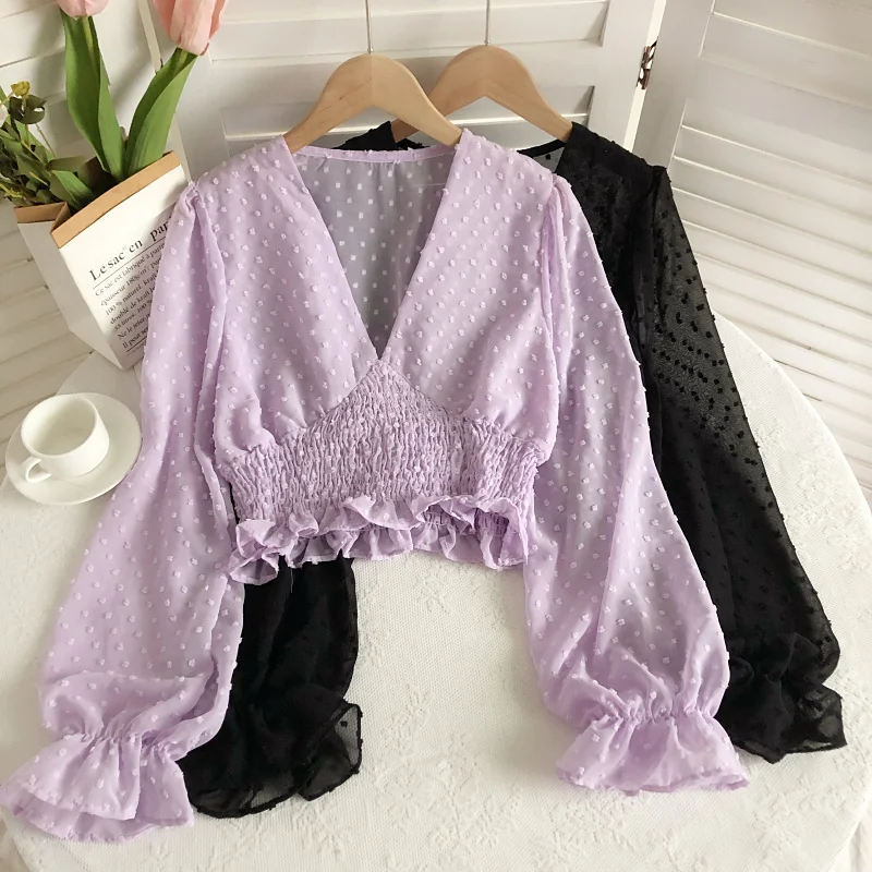 

2022 Spring Women Sweet Spot Blouse Ladies Fashion Chiffon Pullover Shirt V-neck Slim Long Puff Sleeve Folds Tunic Short Top