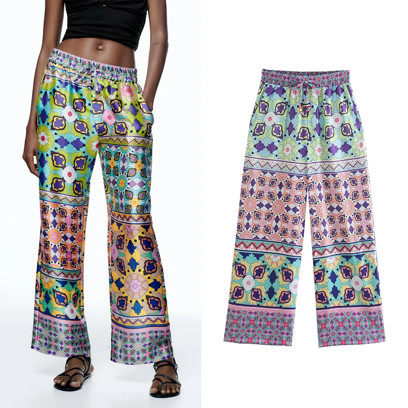 

Autumn 2022 Women Print Long Pants Vintage Style Strethy Waist Lady Wide Leg Pants Pantalon CD8592