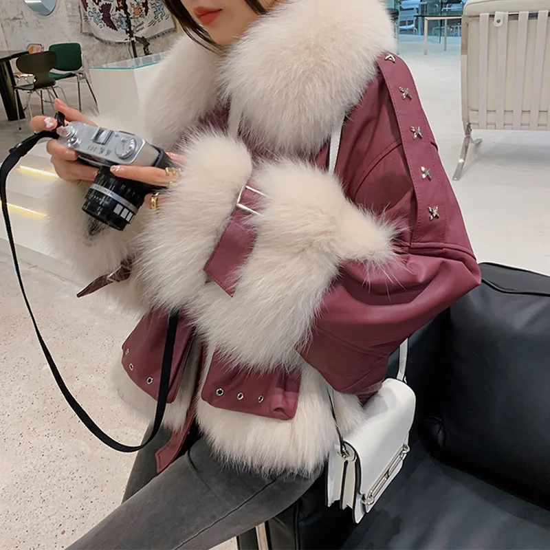 Women Leather Jackets Real Fox Fur Parka Coats Luxury Natural Fur Collar Sheepskin Overcoats 2022 Winter Warm Streetwear XM3644