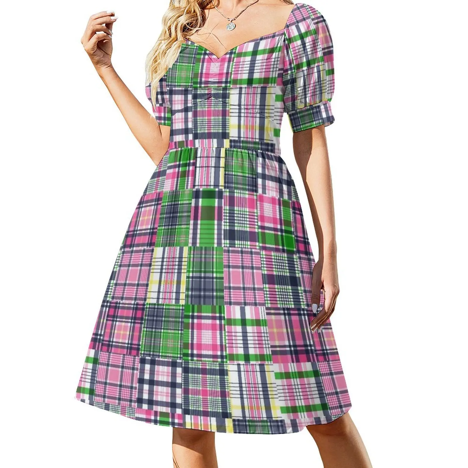 Летнее клетчатое розовое лоскутное платье Madras с короткими рукавами Элегантное