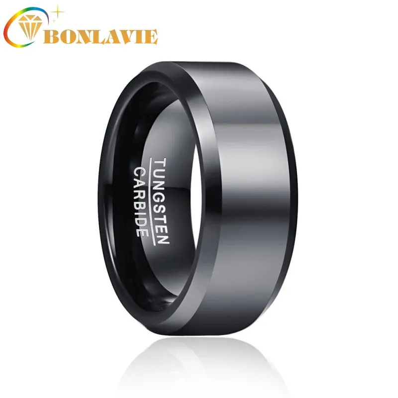 

BONLAVIE 8mm Black Tungsten Carbide Ring For Men High Finished Beveled Polished Wedding Bands Carbon Fiber Rings Jewelry