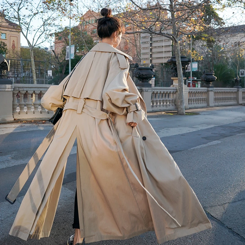 

Oversized Women's Trench Coat Korean Style Loose X-Long Double-Breasted Belted Lady Cloak Windbreaker Spring Fall Outerwear Grey