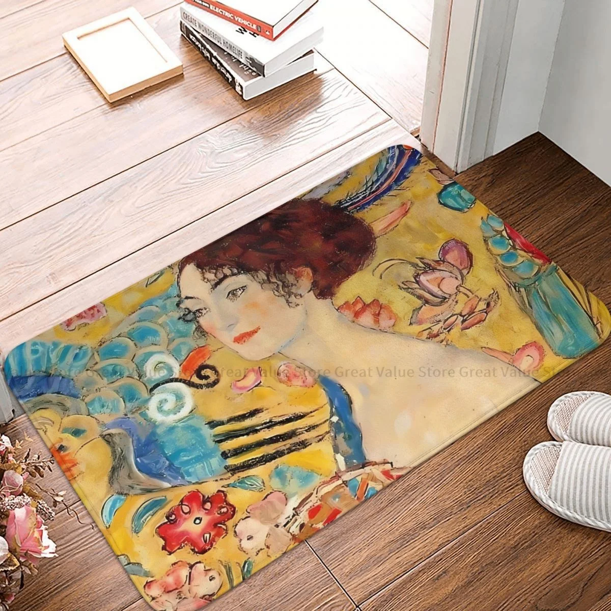 

Gustav Klimt Patting Art Bath Non-Slip Carpet Lady With Fan Living Room Mat Entrance Door Doormat Floor Decoration Rug