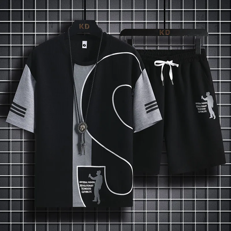 Summer Corn Waffle Suit Loose Sports Two-Piece Short Sleeve Shorts Men's Suit