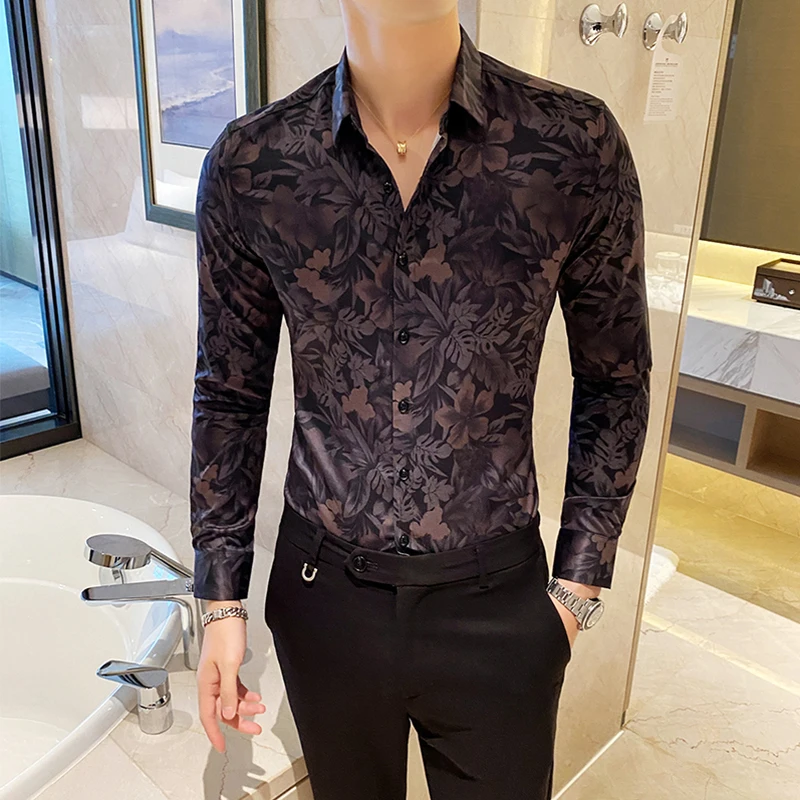 Vintage Flower Shirts for Men 2022 Long Sleeve Casual Business Formal Shirt Slim Fit Streetwear Social Party Tops Chemise Homme