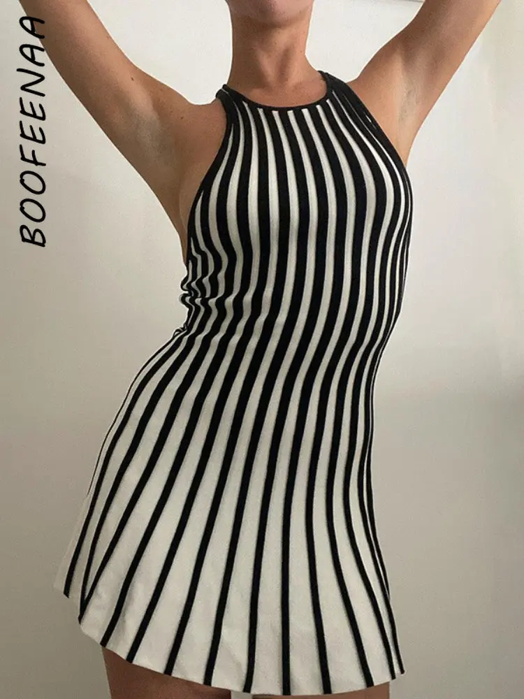

Черно-белое трикотажное платье BOOFEENAA в полоску во французском стиле, Новые облегающие мини-платья без рукавов, мода 2023