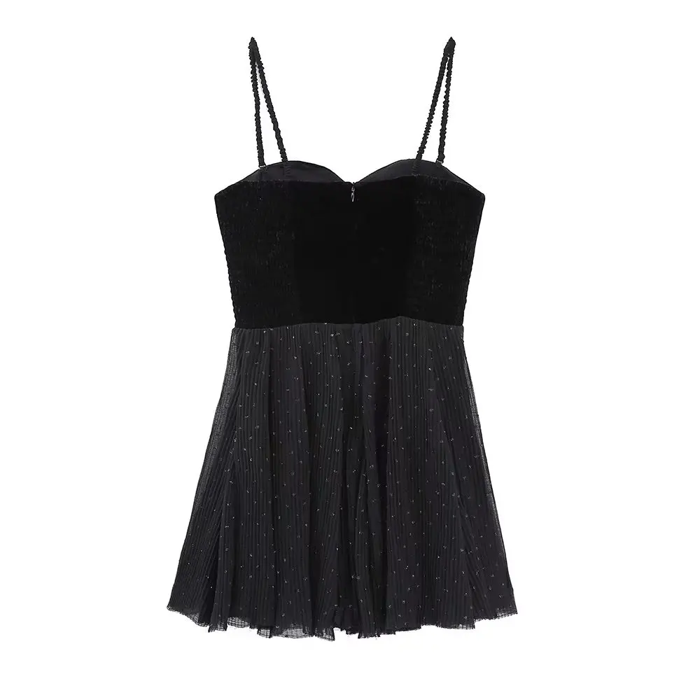 

Dave&Di Blogger Velvet Splicing Sexy Spaghetti Strapless Mini Dress Women Ins Fashion Dress