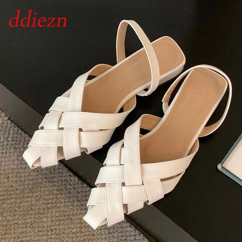 

2023 Women Flats Elegant Female Sandals Summer Footwear Slides Fashion Pointed Toe Shallow Ladies Sandals New Weave Shoes