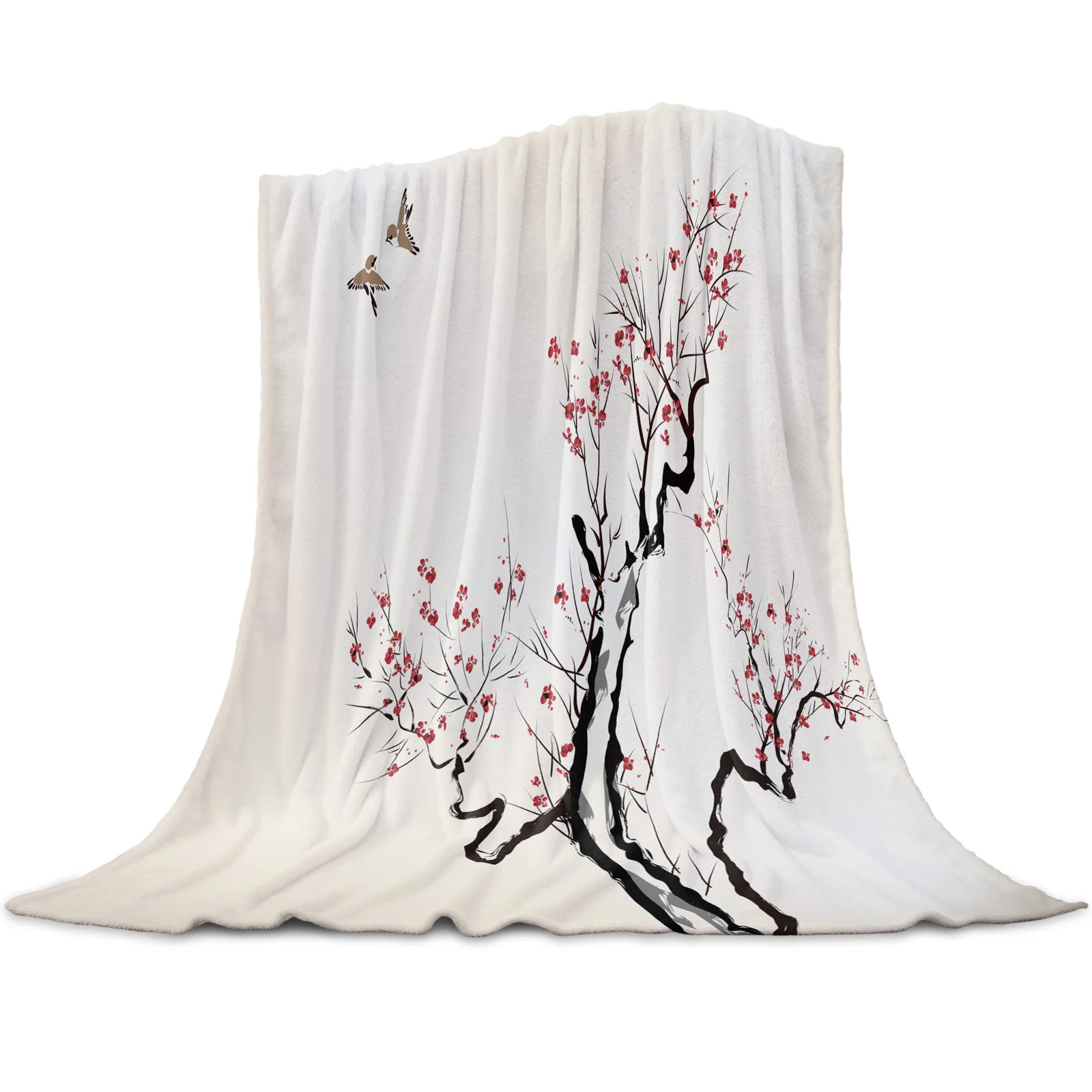

Plum Blossom Branch Bird Ink Style Blanket Mat Coral Fleece Throw for Bed Home Bedroom Sheet Kids Aldult Flannel Blankets