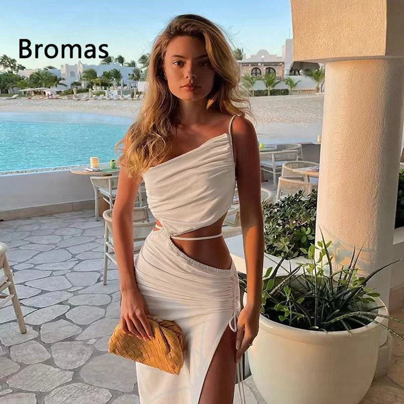 

Fashion Sexy Hollow Out Evening Party Dresses 2023 Summer Women's Slim Split Drawstring Ruched Dresses