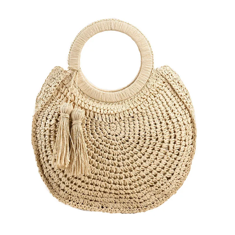 

Large Capacity Hand Woven Round Tassel Handbag Round Handle Straw Bag Summer Seaside Holiday Beach Shopping Tote Bag Female