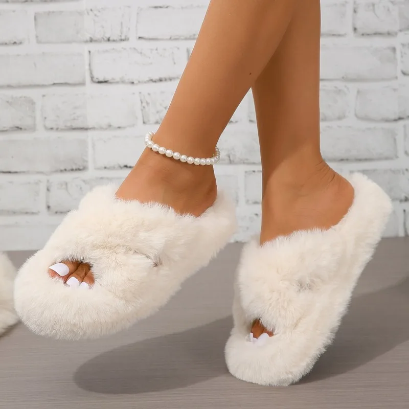 

Новинка весна-осень 2023, однотонные модные круглые женские домашние меховые тапочки, удобная женская обувь