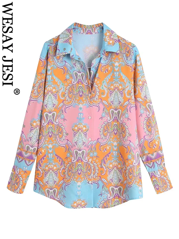 

WESAY JESI Lightweight Casual Fashion Long Sleeve Single Breasted Blouse Pink Blue Vintage Print Resort Beach Style Lady Blouse