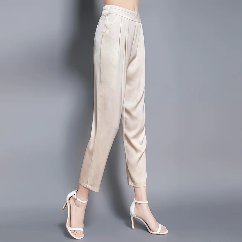 100% Silk Pants Women 2 Colors Simple Design Solid Elastic Waist Button Harem Trousers New Fashion Style