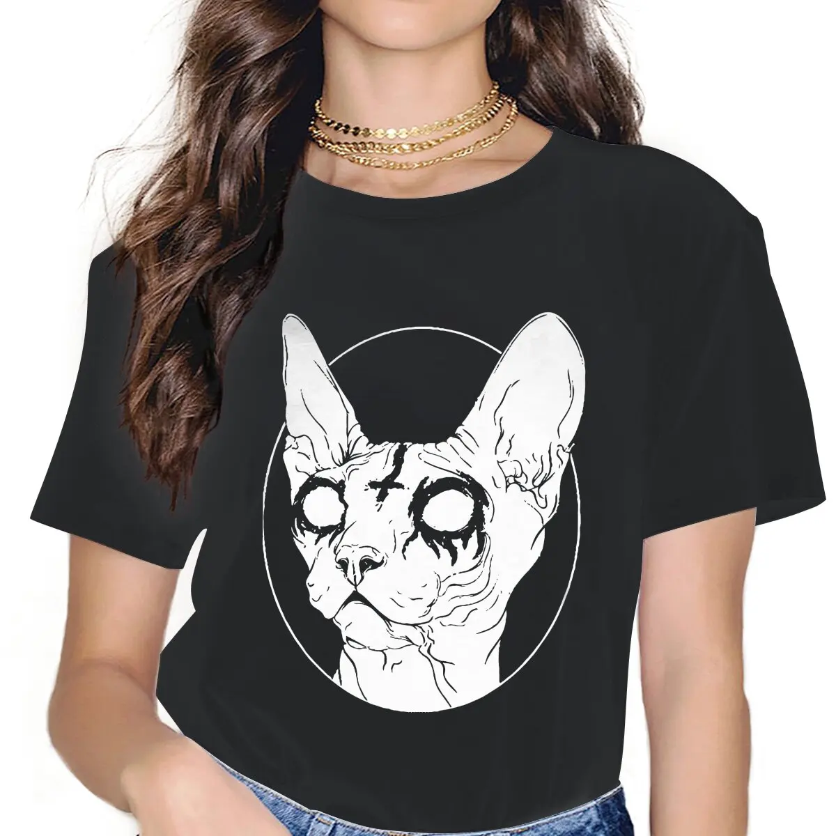 

Satanic Women Tshirts Canadian Sphynx Cat Gothic Vintage Female Clothing Loose Cotton Graphic Streetwear