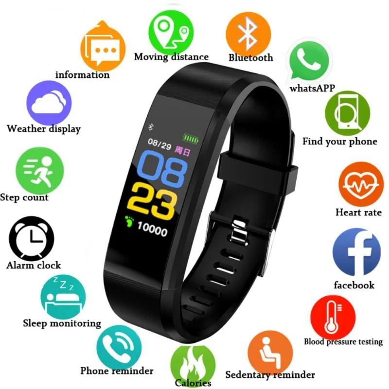 

Smart Watch 115Plus Bluetooth-compatible Sport Watch Health Wristband Heart Rate Fitness Pedometer Bracelet Waterproof SmartBand