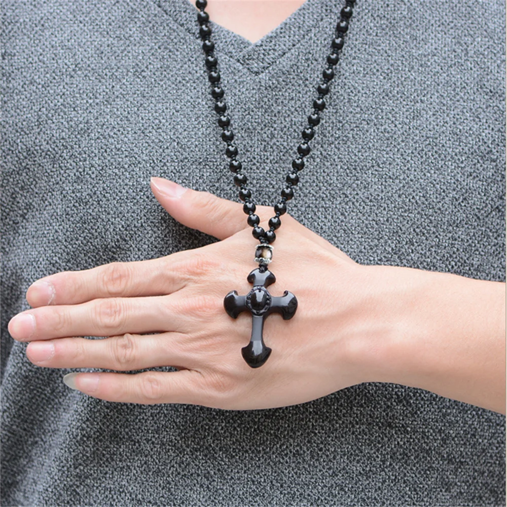 

Ожерелье из натурального обсидиана, амулет с подвеской-крестом, ожерелье с цепочкой из бисера для женщин и мужчин