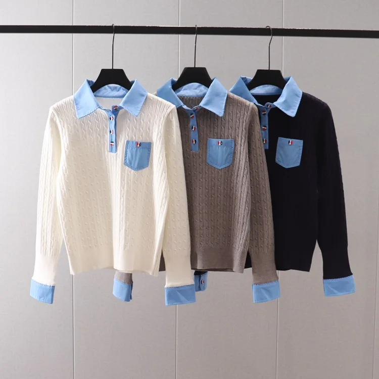

Autumn New Fake Two Piece Contrast Color Long Sleeve Knitted Shirt for Women's Versatile Slim Polo Neck Design Feel Top Trendy